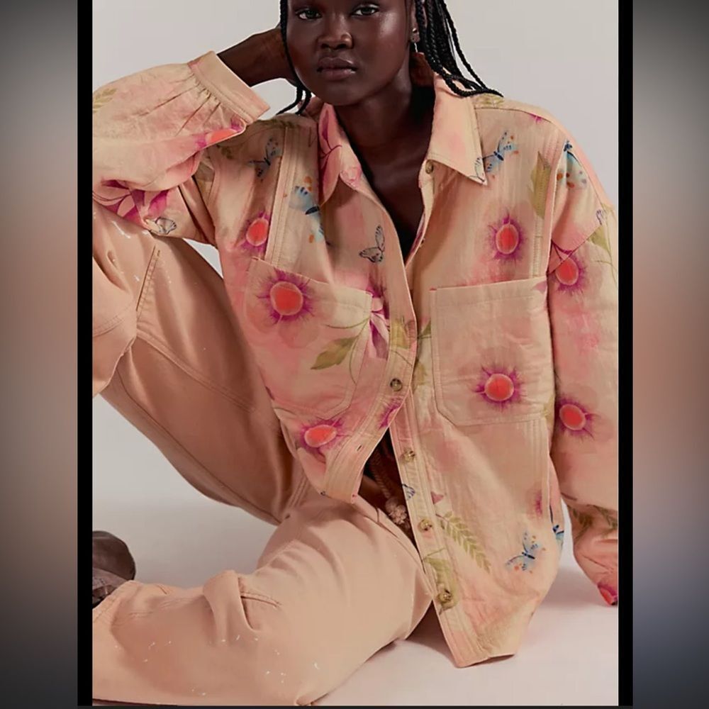 Free People We the Free Petina Garden Printed Buttondown Shirt Peachy Wash Combo - Picture 2 of 9